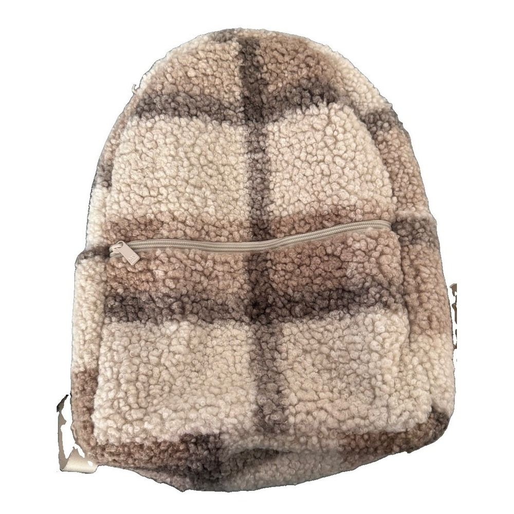 My Tagalongs Sherpa Teddy Patchwork Backpack Cream Brown Beige Plush 16"